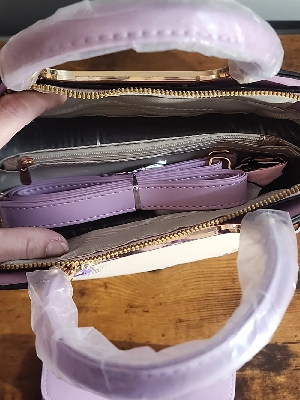 Purple 3 Pcs Set Women's Handbag With Elegant Geometric Print, Faux Leather FP